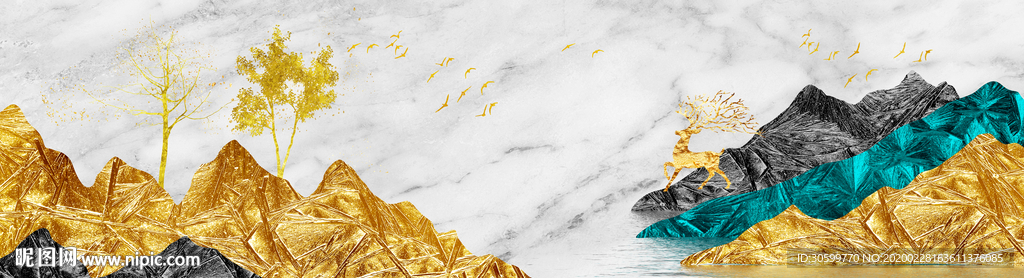 抽象富贵金山麋鹿发财树床头画