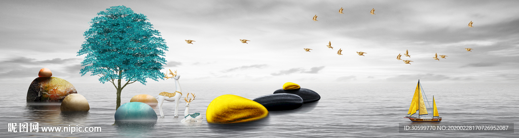 现代简约鹅卵石糜鹿床头画.