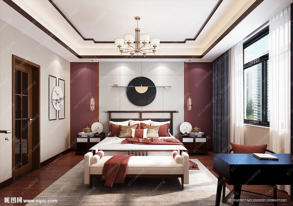 新中式卧室模型效果图