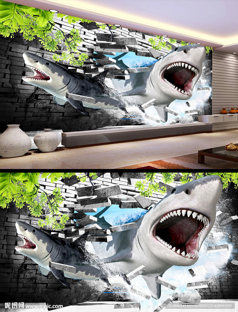 鲨鱼破墙画中画3D电视背景墙