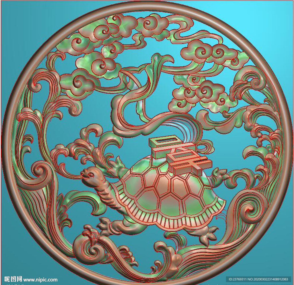 圆形镂空祥云神龟挂匾精雕图浮雕
