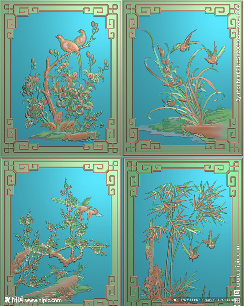 梅兰竹菊花鸟门板精雕图浮雕灰度