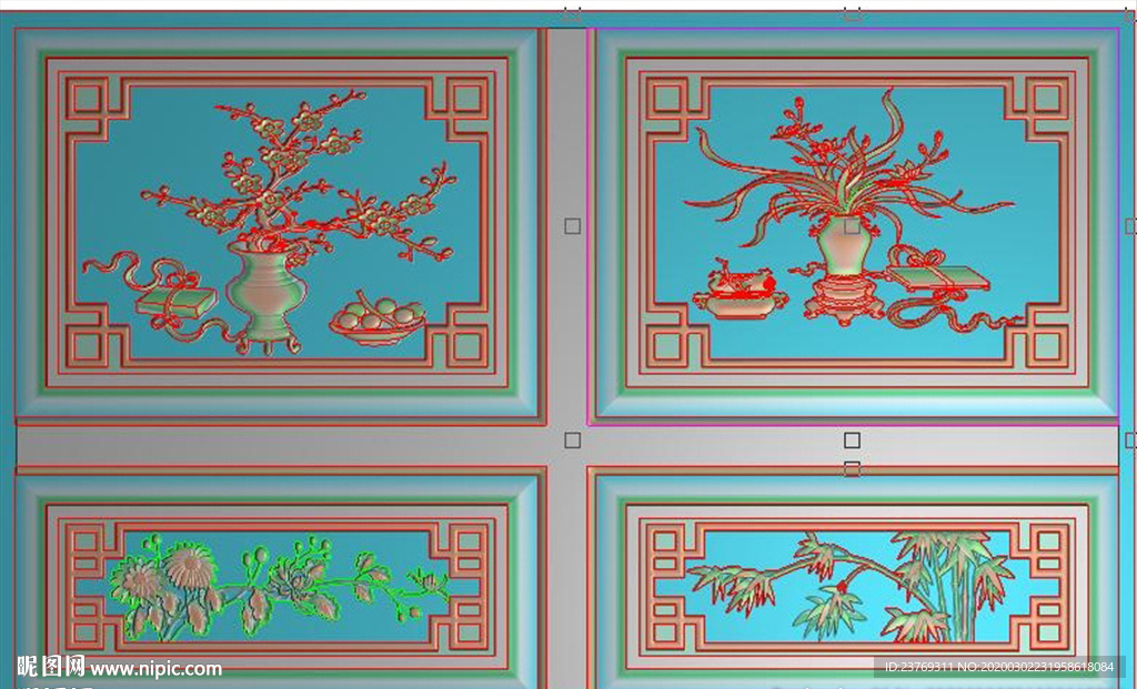 梅兰竹菊花瓶书柜门板精雕图浮雕