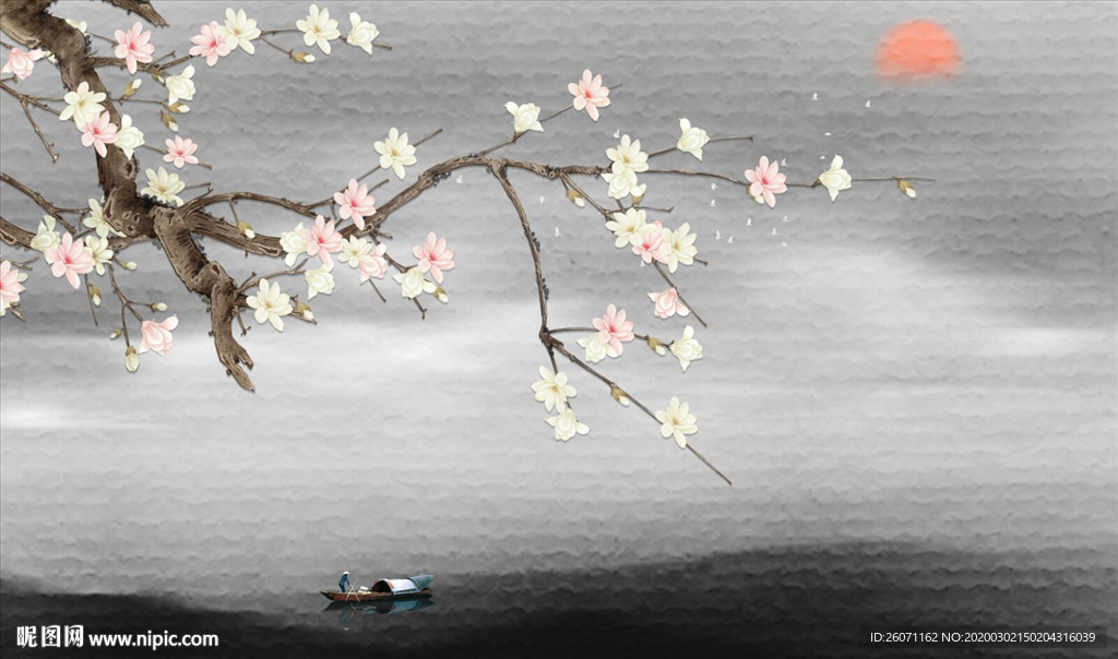 新中式工笔花鸟背景墙