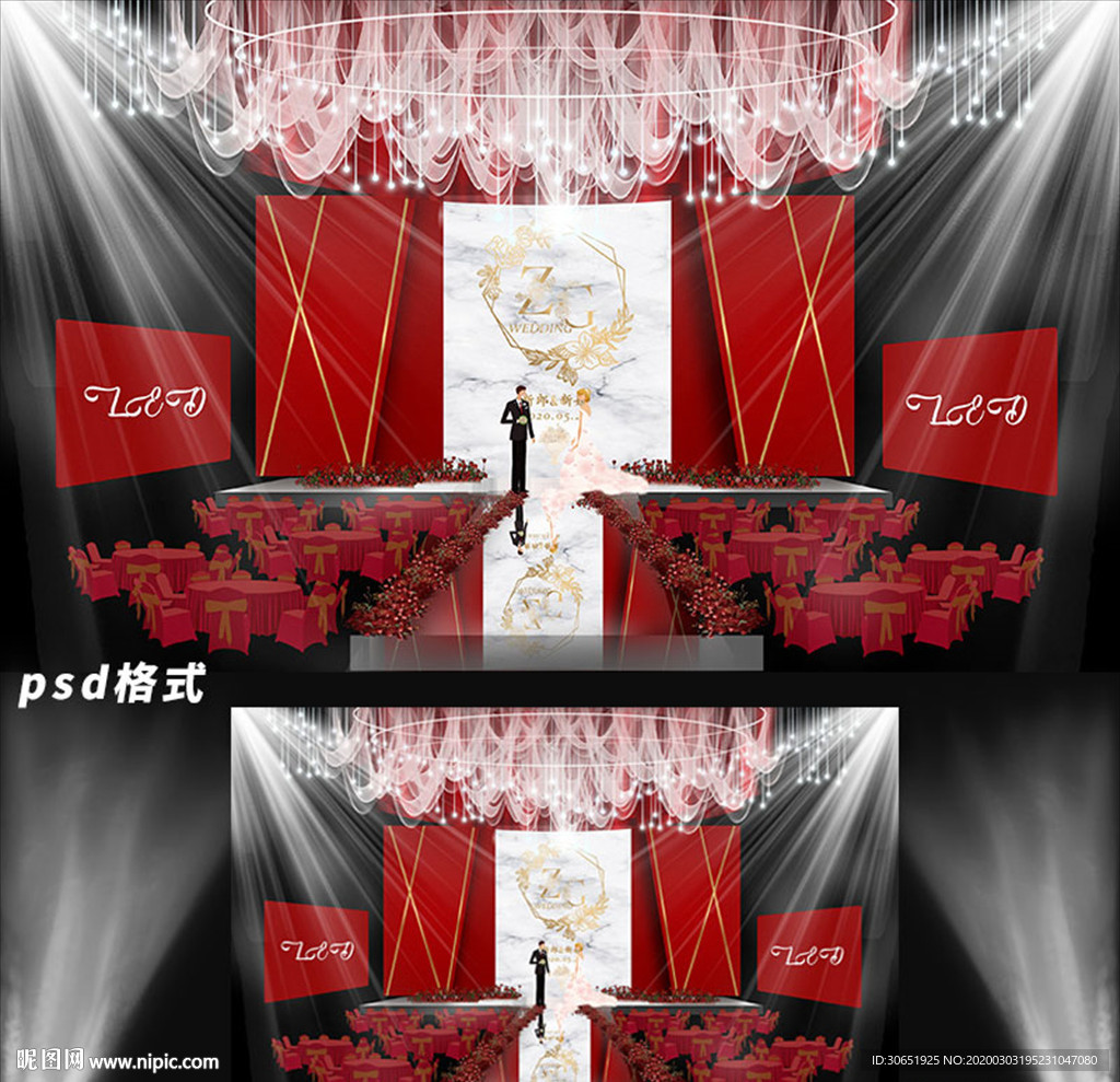 红色金色白色大理石婚礼舞台背景