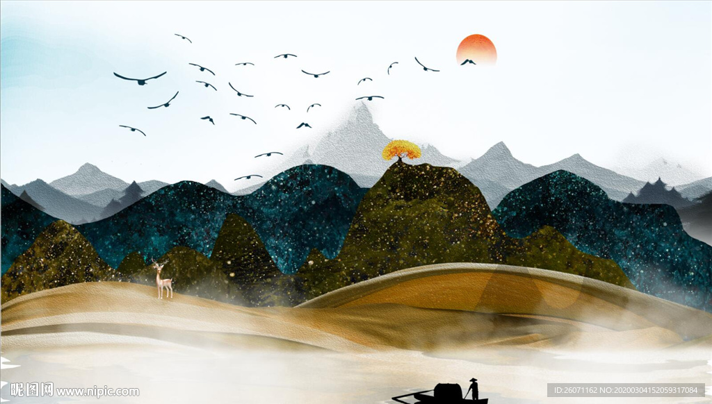 新中式山水油画背景墙