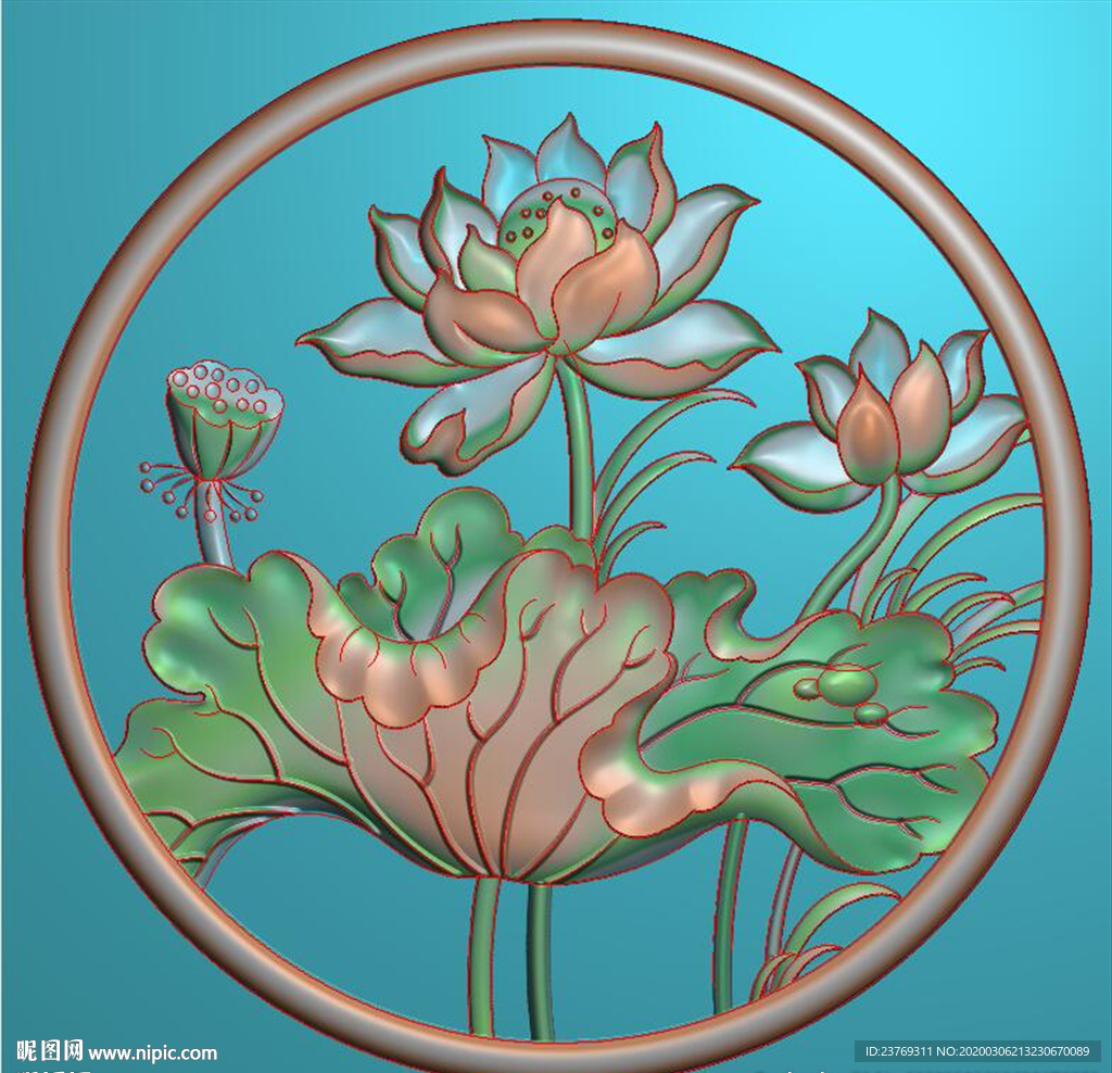 圆形荷花莲花挡板精雕图浮雕灰度