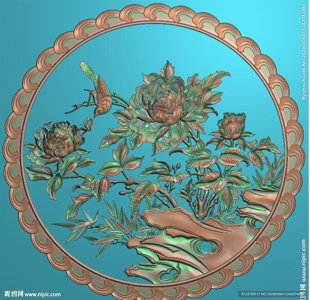 圆形牡丹花挂匾牡丹鸟圆盘精雕图