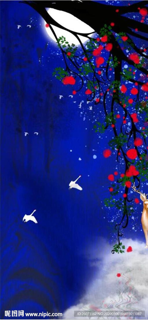 原创手绘发财鹿玄关