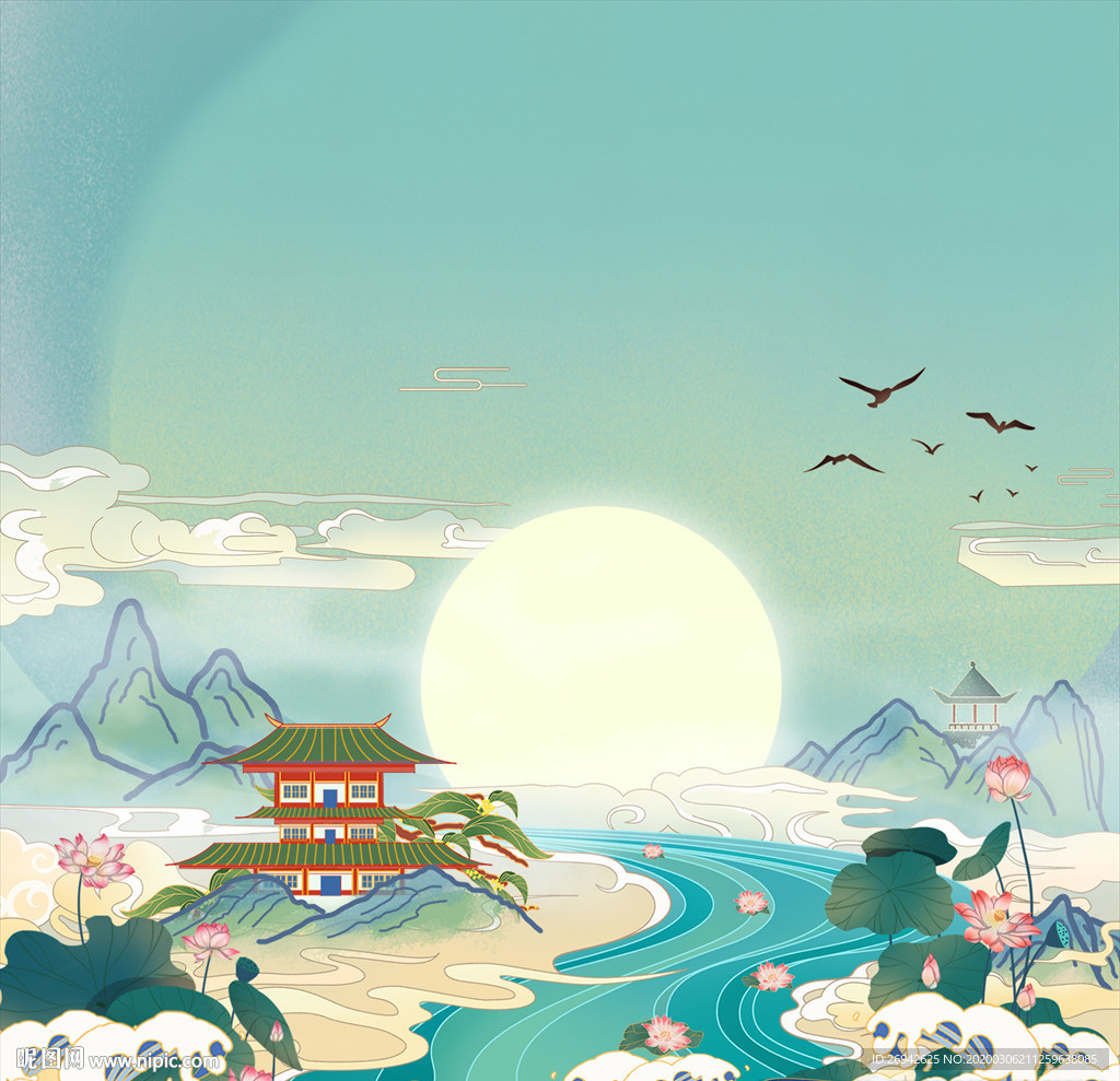 国潮中国风亭子山水荷花莲花画