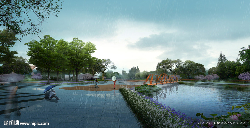 景观效果图雨景效果图公园效果图