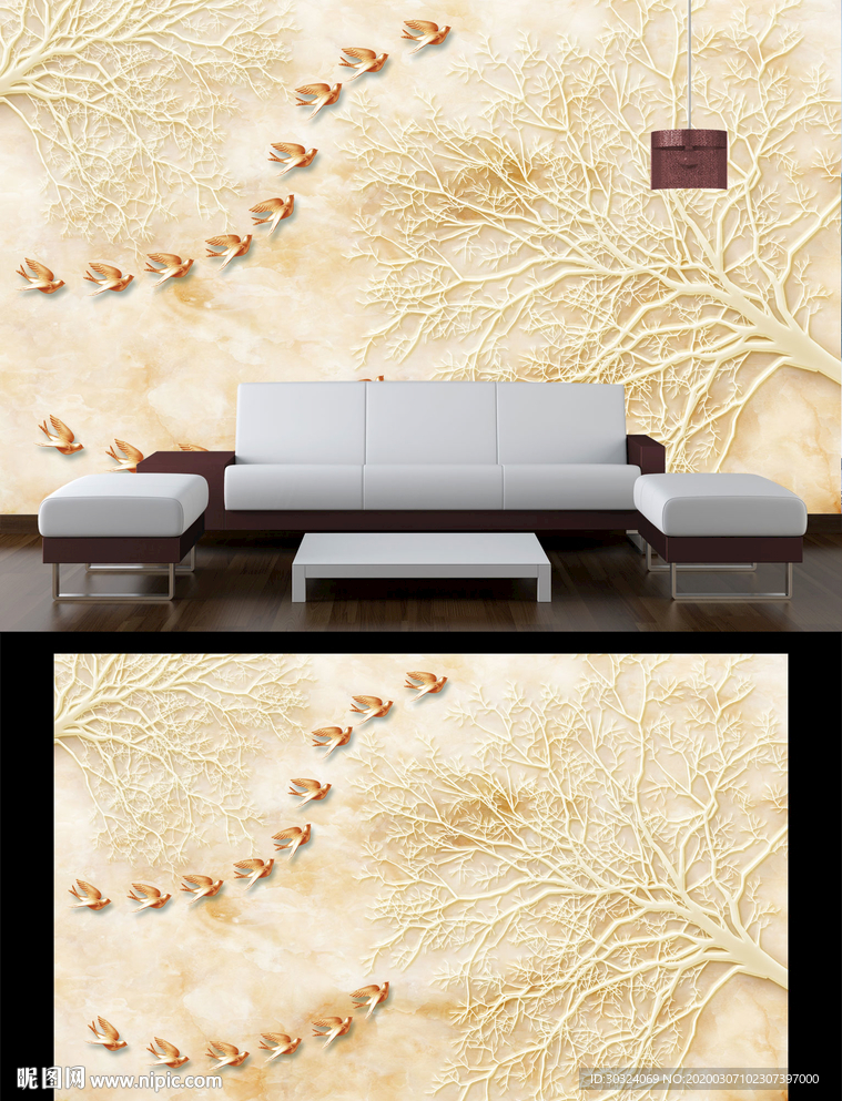 浮雕树枝飞鸟背景墙
