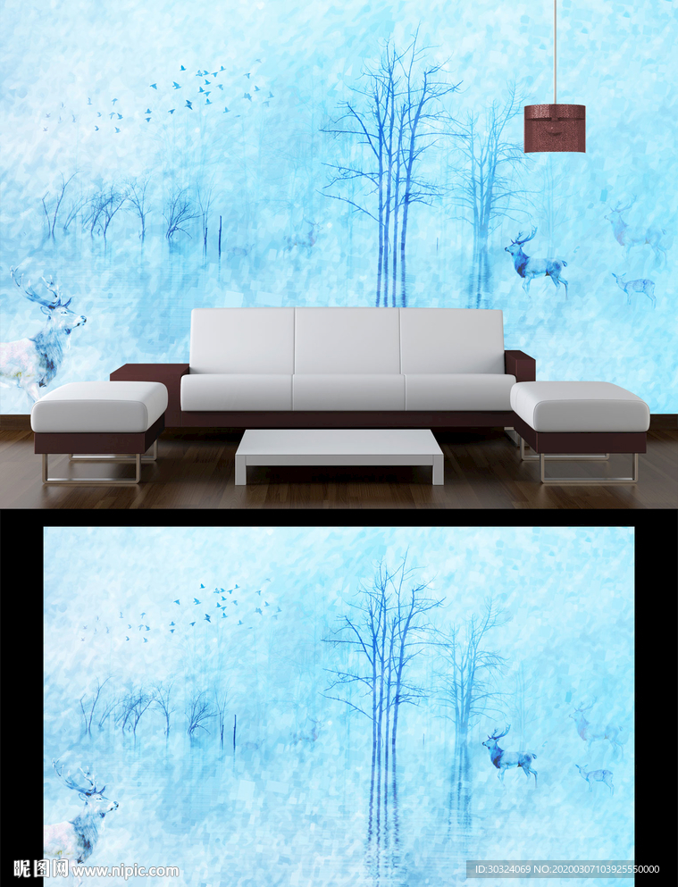 水彩森林麋鹿电视背景墙