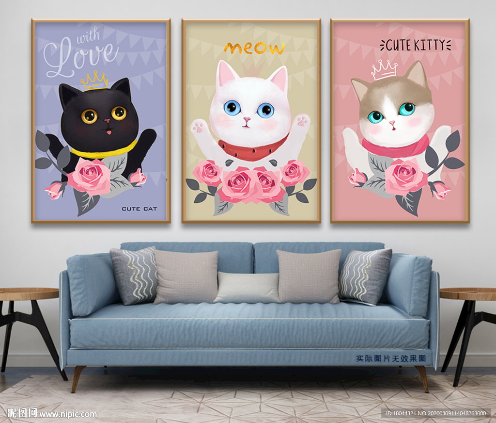 可爱卡通猫咪玫瑰花无框画