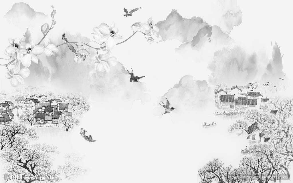 花鸟新灰色山水画 tif分层