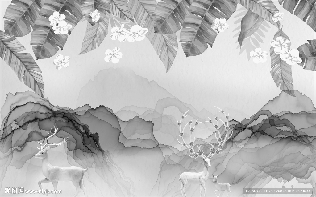 麋鹿 灰色奢华画 tif分层
