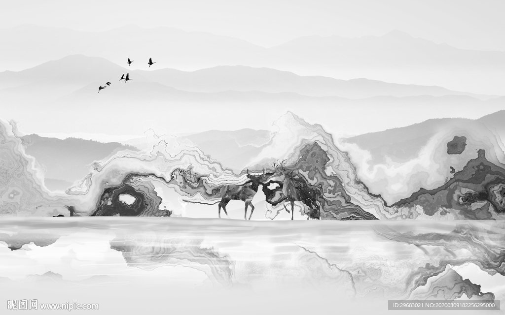 奢华新灰色山水画 tif分层