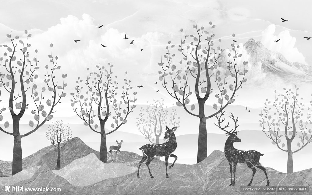 麋鹿新灰色山水画 tif分层
