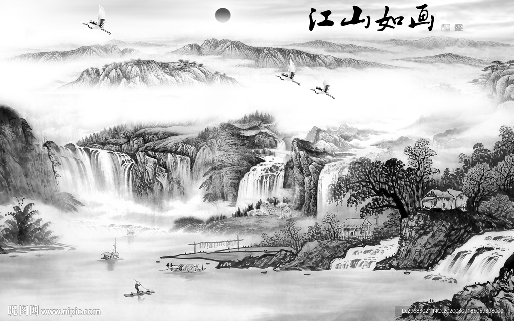 中式新灰色山水画 tif分层