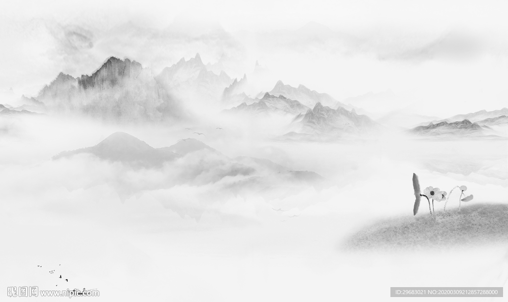 高档灰色新山水画 tif分层