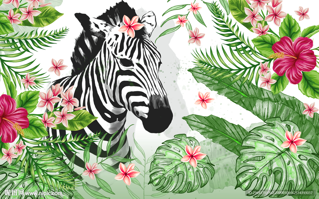 热带植物斑马背景墙