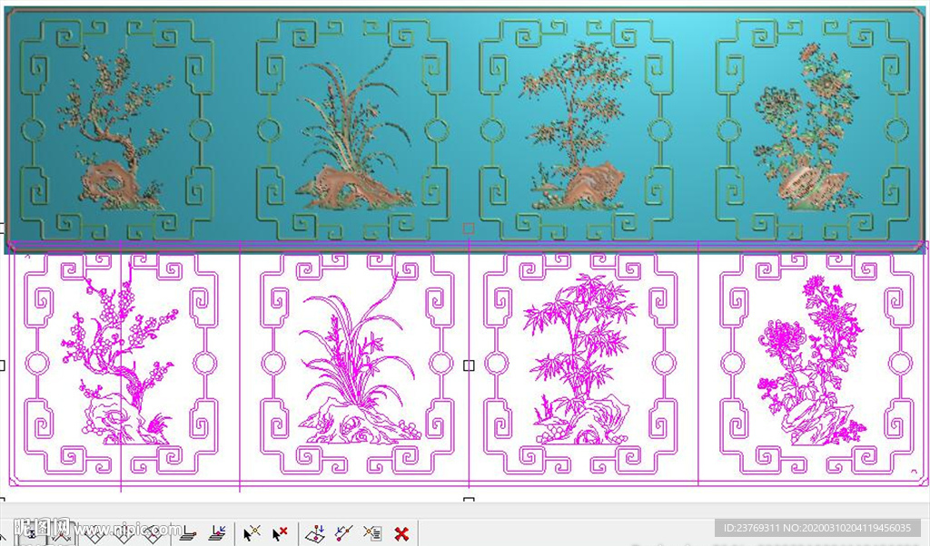 梅兰竹菊门板花草精雕图浮雕灰度