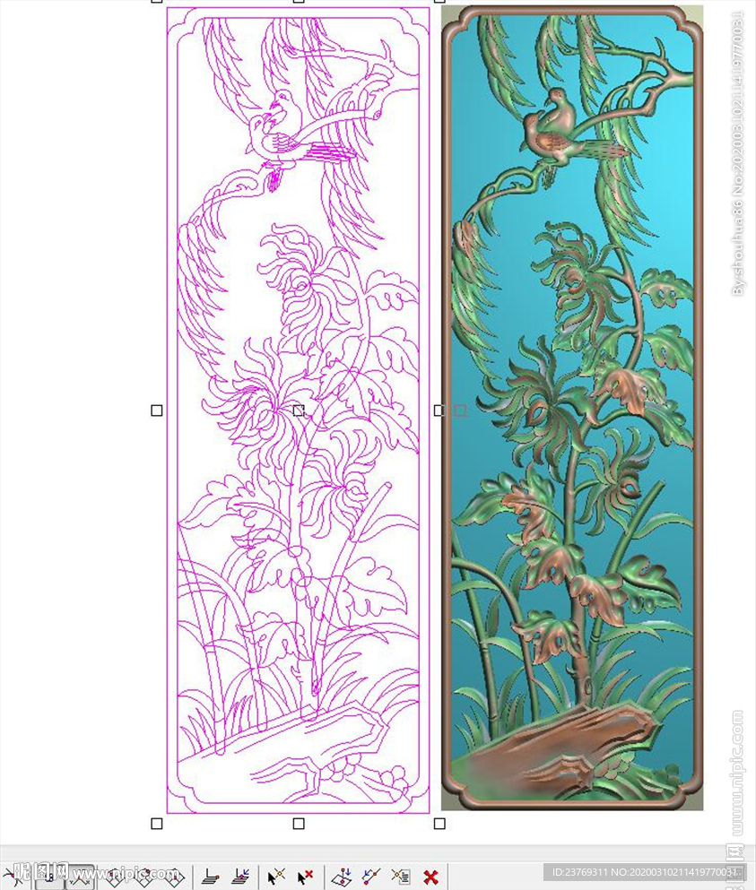 镂空菊花鸟竹子门板背板精雕图