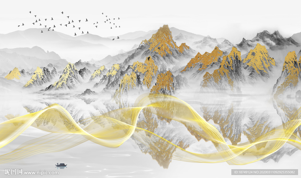 新中式抽象金线电视背景墙