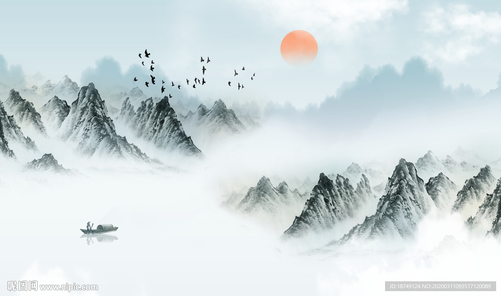 新中式国画山水电视背景墙