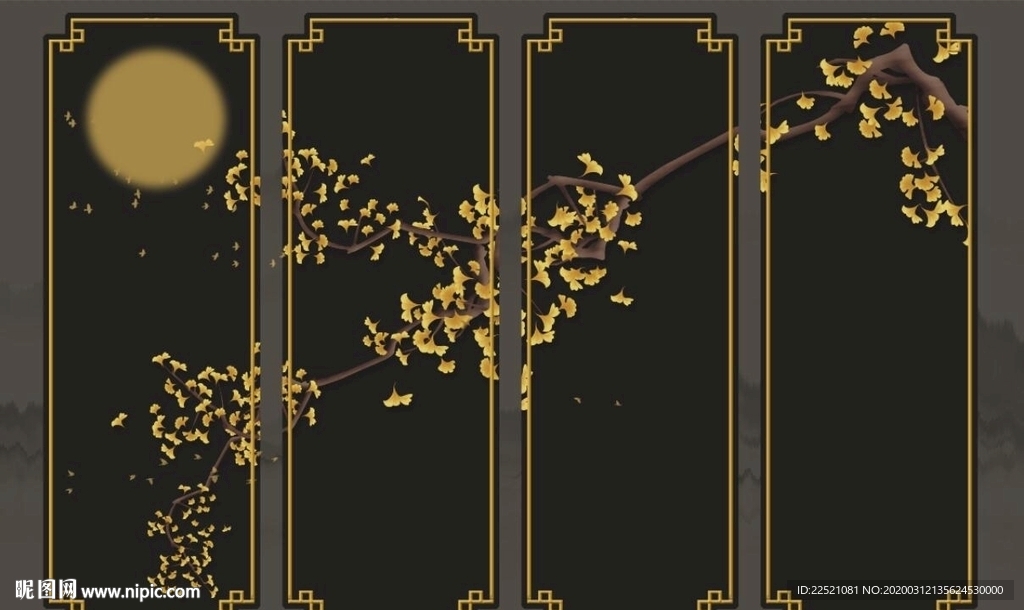 四联画 银杏树 金色 月亮