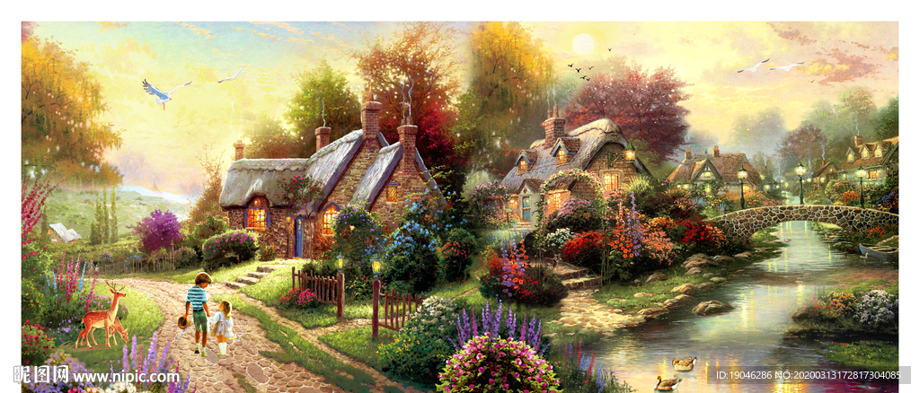 美式乡村小屋油画风景