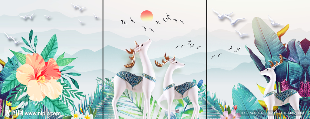 北欧麋鹿无框画三联画