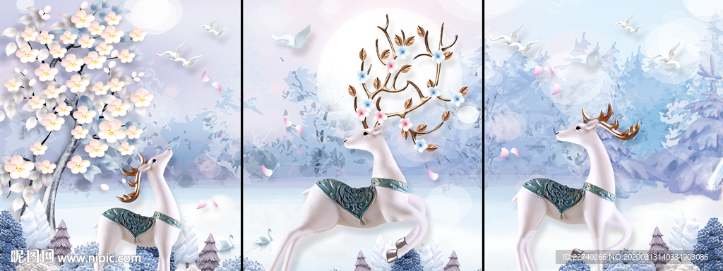 北欧麋鹿三联画