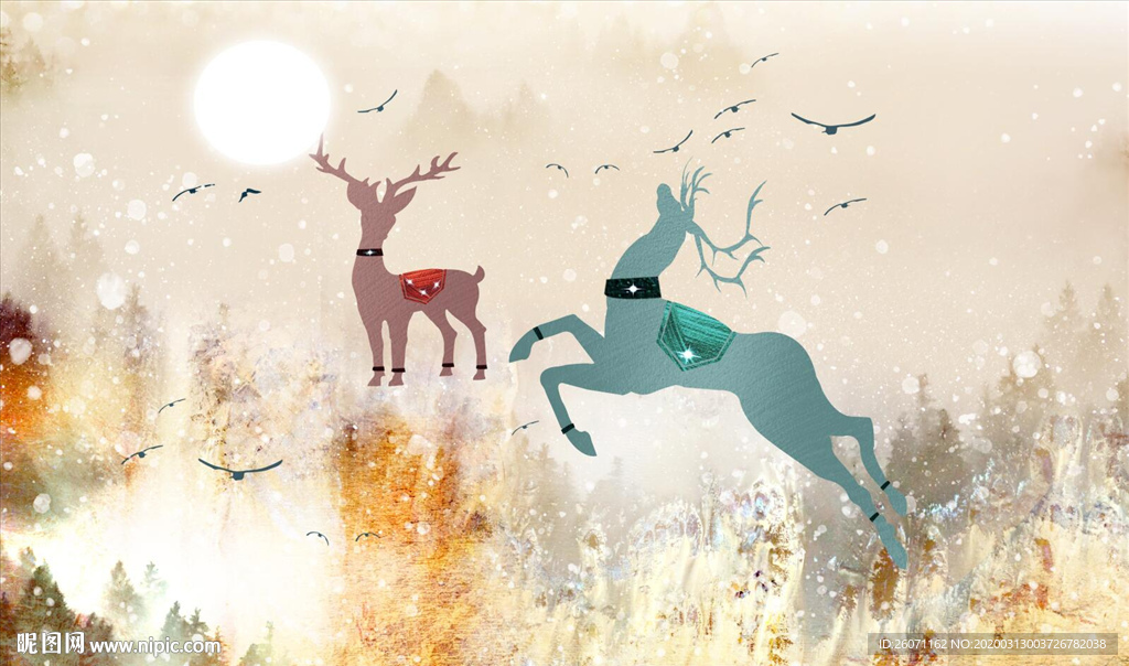 马卡龙发财鹿金山银月背景墙