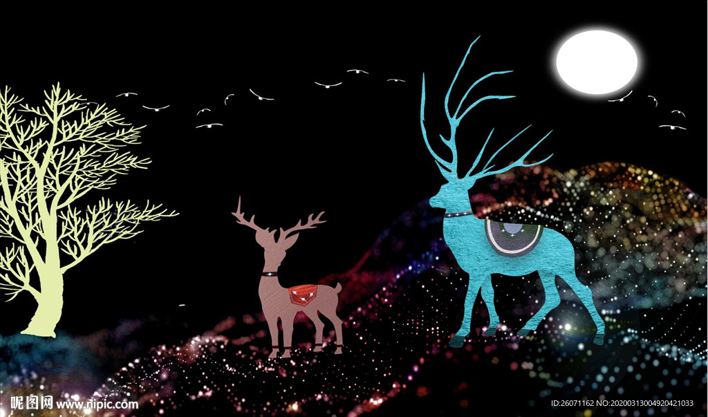 炫彩金钻山脉发财鹿背景墙