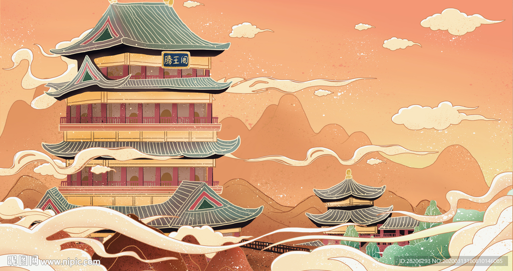 中国风滕王阁建筑插画