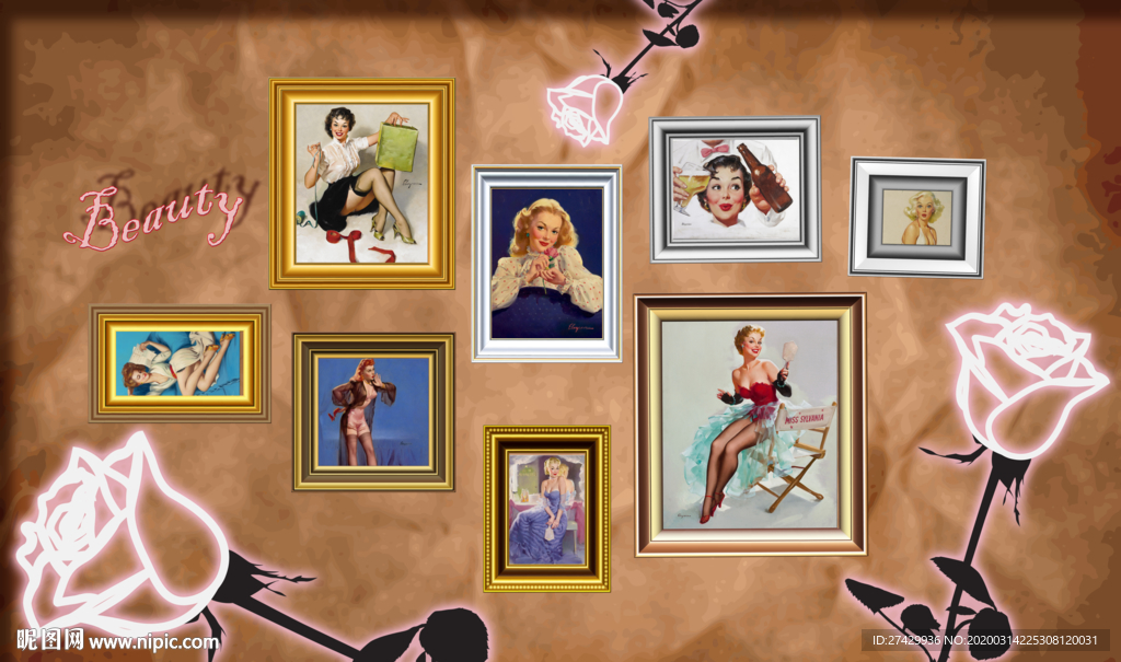 电影明星老照片玫瑰牛皮纸背景墙