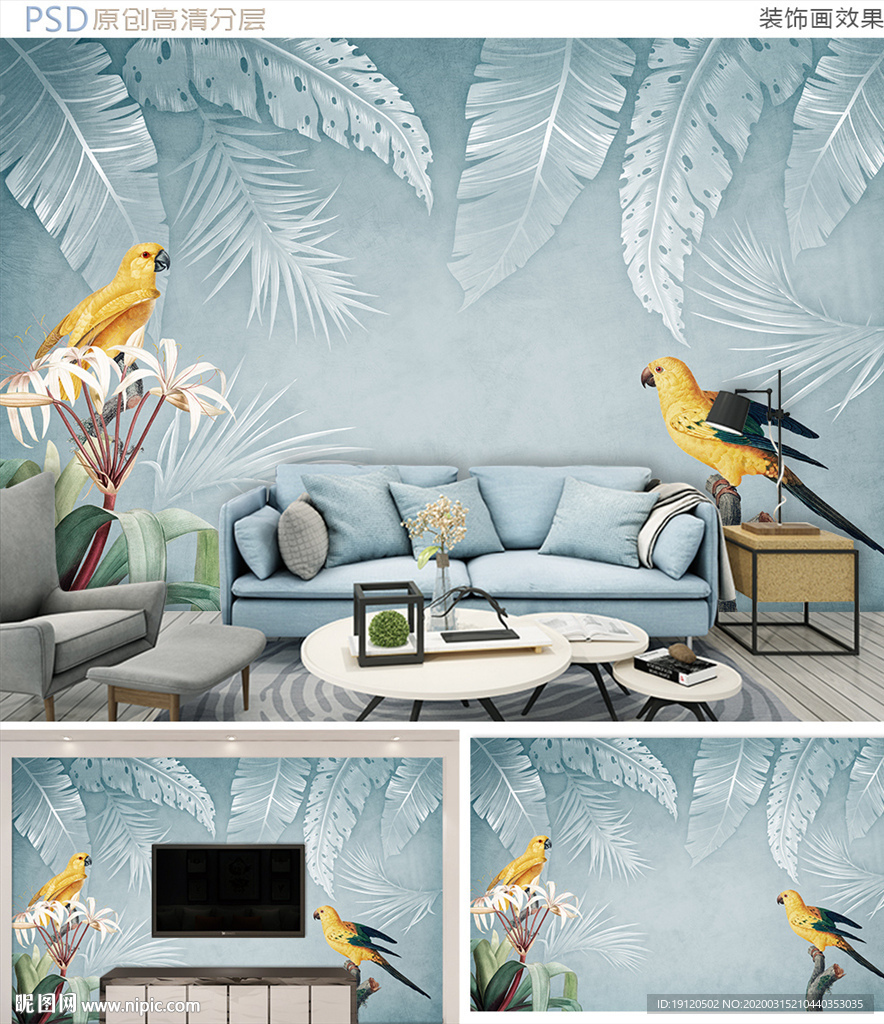 清新热带雨林鹦鹉背景墙