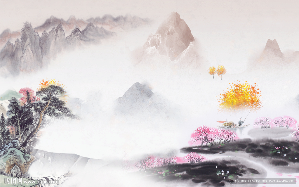 新中式山水画背景墙 TIF分层