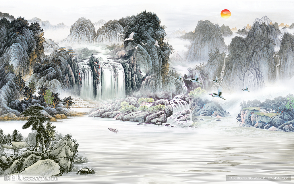 中式山水画背景墙 TIF分层