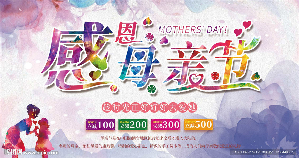 感恩母亲节快乐艺术水彩风展板