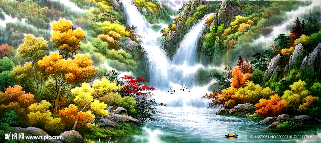 瀑布山水风景油画