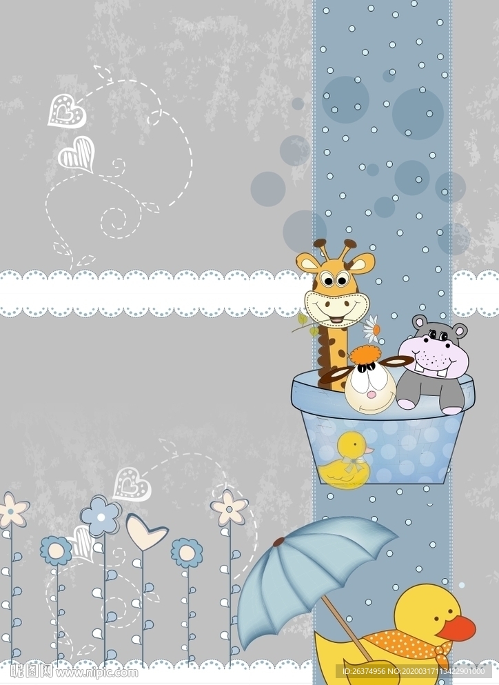 卡通长颈鹿小黄鸭手绘插画矢量