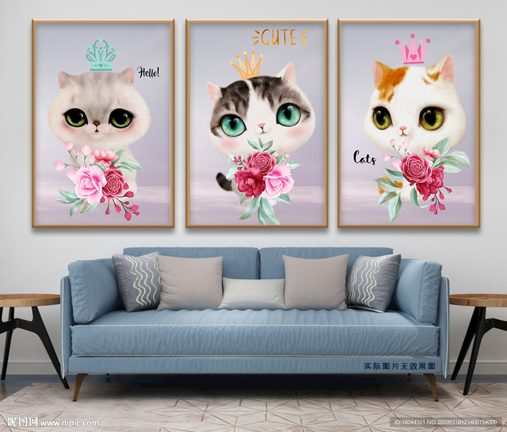 卡通手绘猫咪花朵无框画