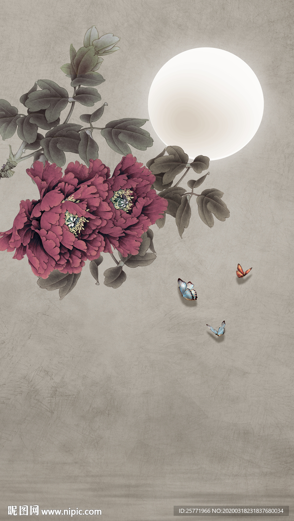 原创玄关牡丹竹子富贵平安装饰画