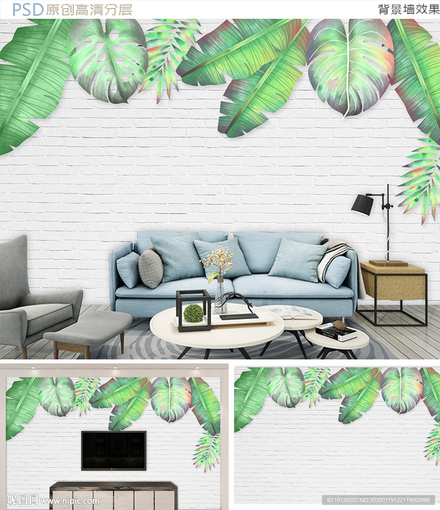 清新白墙热带植物背景墙