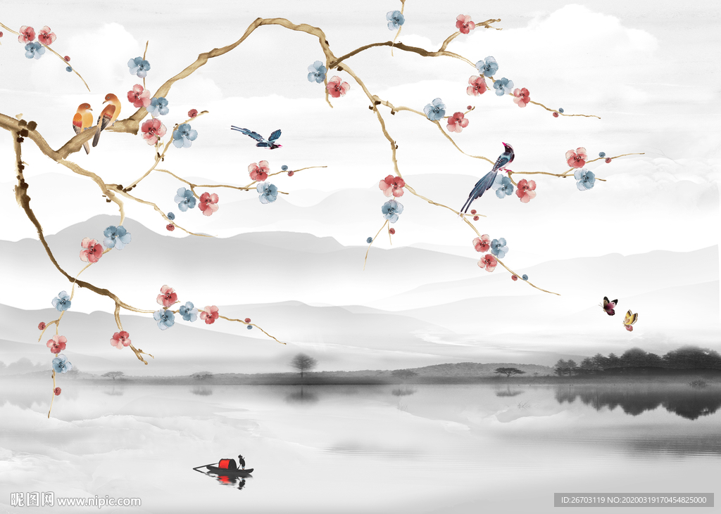 新款爆款山水画花鸟背景墙
