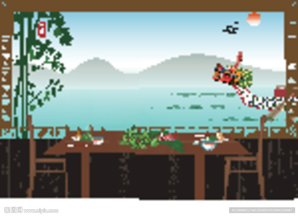 包粽子看龙舟绿色背景端午节插图