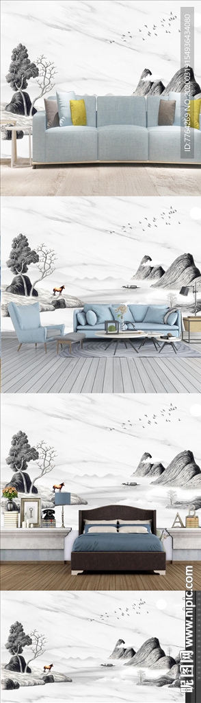 山水情爵士白石纹水墨山水