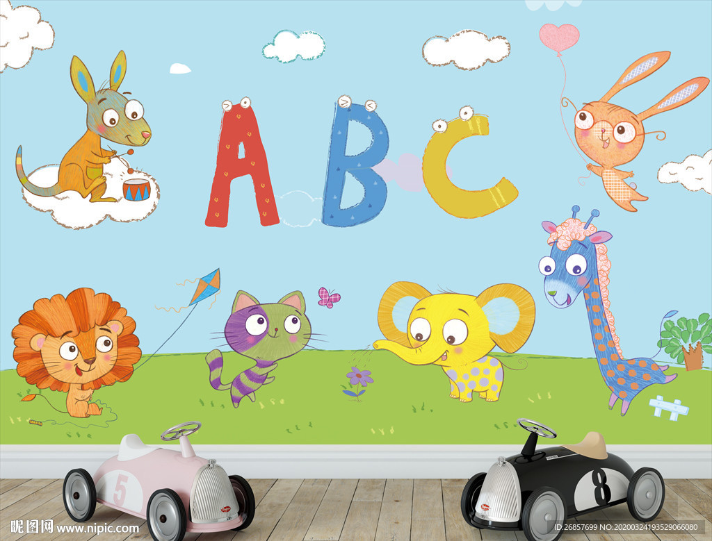 可爱卡通动物儿童背景墙